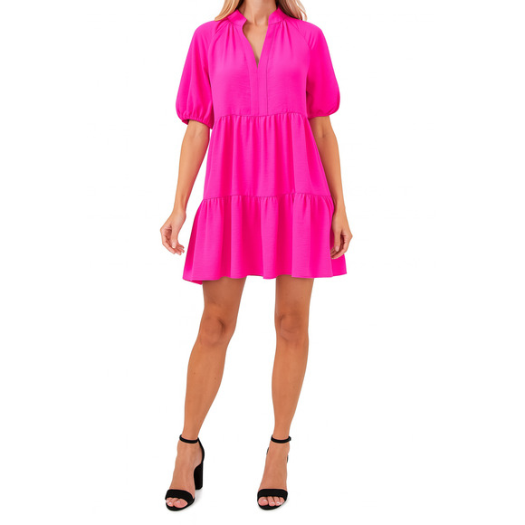 CeCe‎ Ruffled V Neck Tiered Dress Bright Rose Size L *FLAW* Mini Short Sleeve - Picture 1 of 7